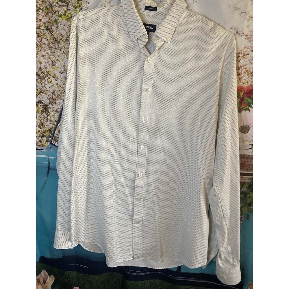 Express Fitted White Black Polka Dot Button Down Shirt Men's Size L (16/16.5)